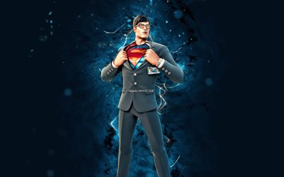 Clark Kent, 4k, luzes de n&#233;on azuis, Fortnite Battle Royale, personagens Fortnite, Clark Kent Skin, Fortnite, Clark Kent Fortnite