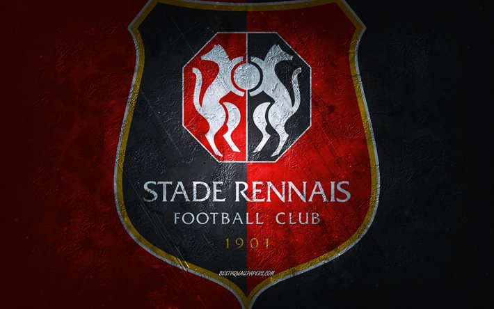 Stade Rennais FC, Fransız futbol takımı, kırmızı arka plan, Stade Rennais FC logo, grunge sanat, 1 İzle, Fransa, futbol, Stade Rennais FC amblemi