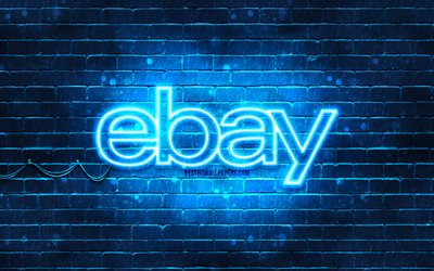 Ebay blue logo, 4k, blue brickwall, Ebay logo, brands, Ebay neon logo, Ebay