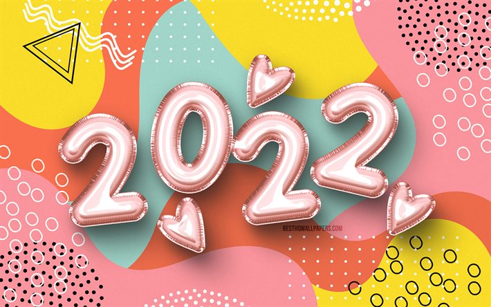 4k, Felice Anno Nuovo 2022, creativo, 2022 palloncini rosa cifre, sfondo astratto colorato, 2022 concetti, palloncini rosa 3D, 2022 capodanno, 2022 su sfondo colorato, 2022 cifre dell&#39;anno, 2022 anno