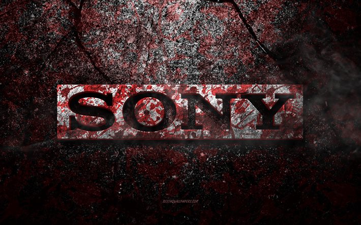 sony-logo, grunge-kunst, sony-stein-logo, rote steinstruktur, sony, grunge-stein-textur, sony-emblem, sony 3d-logo