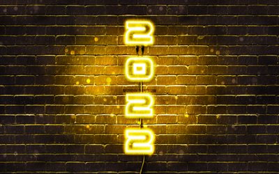 4k, 2022 on yellow background, vertical text, Happy New Year 2022, yellow brickwall, 2022 concepts, wires, 2022 new year, 2022 yellow neon digits, 2022 year digits