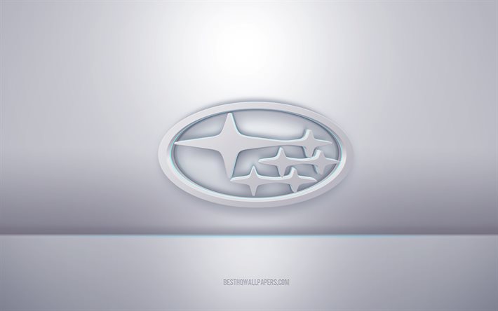 Logo blanc 3d Subaru, fond gris, logo Subaru, art 3d cr&#233;atif, Subaru, embl&#232;me 3d