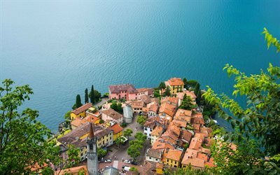 el lago, de la costa, los techos de las casas, el Lago de Como, Varenna, Lombard&#237;a, Italia