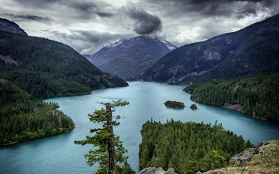 lago de montanha, montanha, floresta, paisagem de montanha, EUA, Washington, Diablo Lago