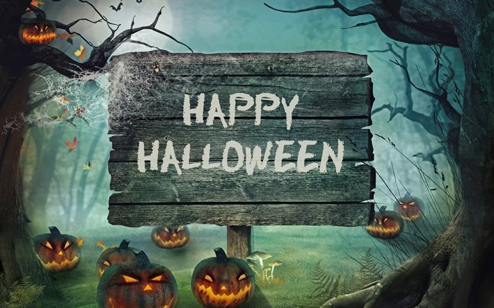 Happy Halloween, forest, pumpkin, board