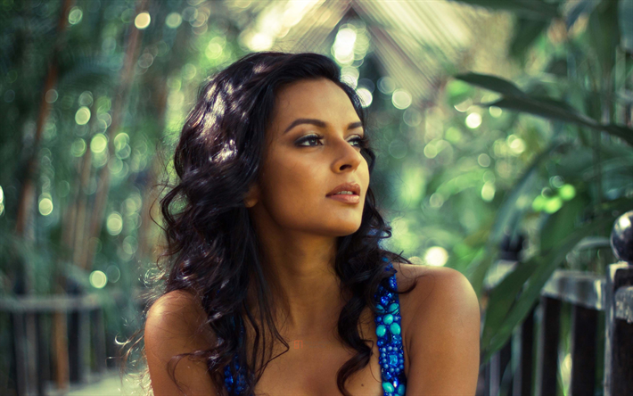 bidita tasche, indische schauspielerin, 4k, schwarz / braun, bollywood, blauen kleid, make-up, sch&#246;ne frau