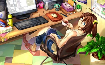 chica programador, en el lugar de trabajo, descanso, caf&#233;