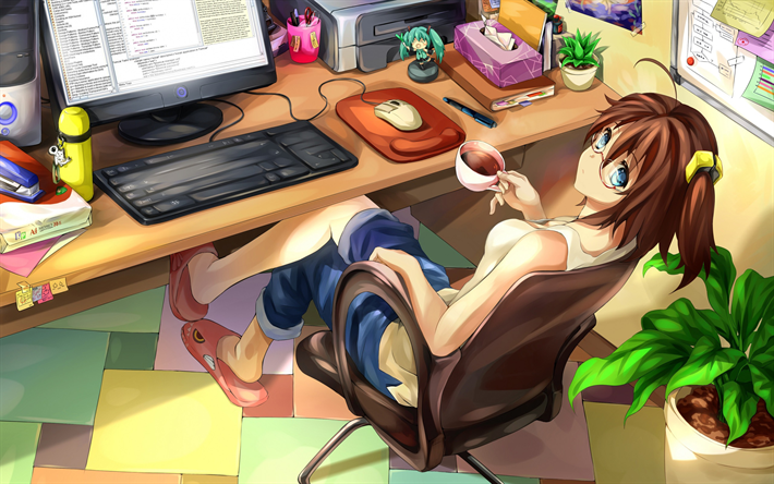girl programmer, workplace, break, coffee