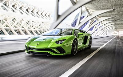 Lamborghini Aventador, 4k, road, supercars, green Aventador, italian cars, Lamborghini