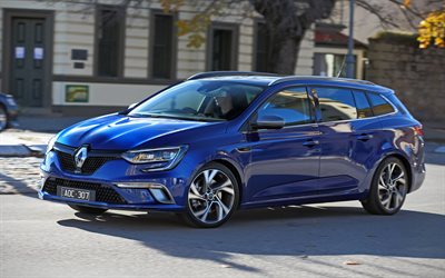 Renault Megane Estate, 4k, 2017 cars, wagons, blue Megane, french cars, Renault