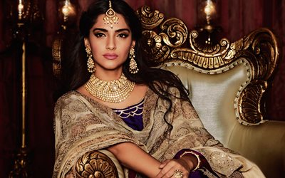 Sonam Kapoor, Indian actress, 4k, Bollywood, makeup, portrait, beautiful Indian outfit, Indian jewelry, brunette, Indian women