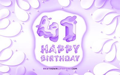 Felice di 41 Anni Compleanno, 4k, 3D petali cornice, Festa di Compleanno, sfondo viola, Felice 41esimo compleanno, 3D, lettere, 41 &#176; Compleanno, concetto, illustrazione