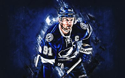 Steven Stamkos, Tampa Bay Lightning, Kanadalı hokey oyuncusu, portre, kaptan, mavi yaratıcı arka plan, NHL, hokey, ABD