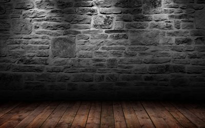 plancher en bois avec mur de pierre, 4k, noir, mur en pierre, en bois brun &#233;tage, cr&#233;atif, pierres noires, un mur avec des lampes de poche