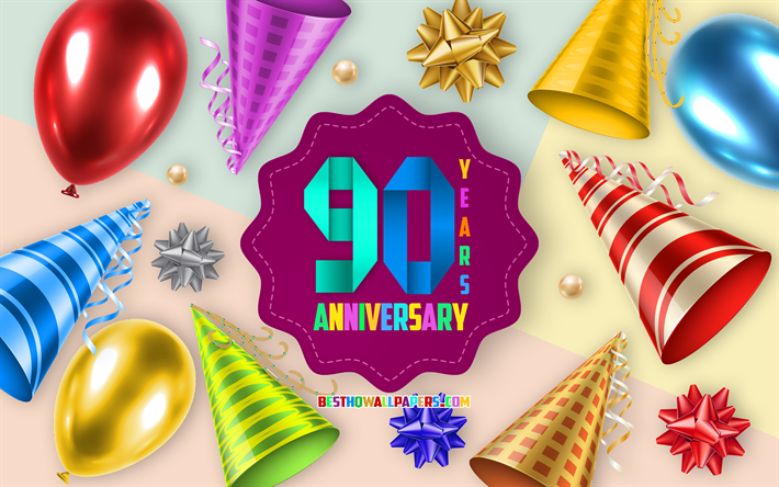 90th Anniversary, Greeting Card, Anniversary Balloon Background, creative art, 90 Years Anniversary, silk bows, 90th Anniversary sign, Anniversary Background