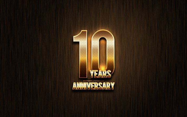 10 Years Anniversary, golden glitter signs, anniversary concepts, linear metal background, 10th anniversary, creative, Golden 10th anniversary sign