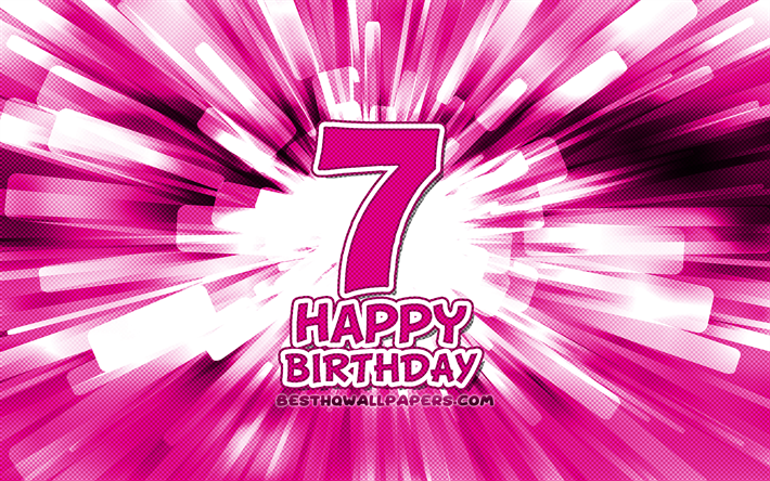 Happy 7th birthday, 4k, purple abstract rays, Birthday Party, creative, Happy 7 Years Birthday, 7th Birthday Party, cartoon art, Birthday concept, 7th Birthday