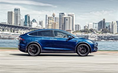 Tesla Model X, 2019, exterior, side view, electric crossover, new blue Model X, american cars, Tesla