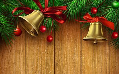 golden christmas bells, xmas decorations, New Year, christmas wooden background, christmas decorations, golden xmas bells