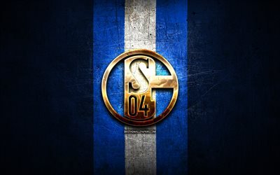 L&#39;FC Schalke 04, logo dorato, Bundesliga, blu, metallo, sfondo, calcio, Schalke 04 FC, squadra di calcio tedesca, l&#39;FC Schalke 04, logo, Germania