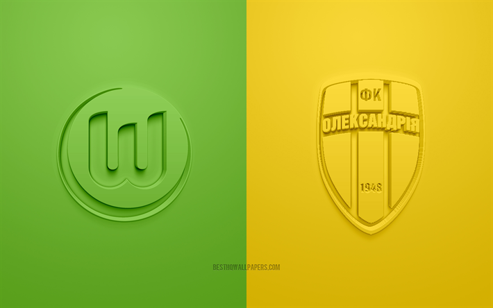 VfL Wolfsburg vs FC Oleksandriya, Europa League, 2019, promo, football match, UEFA, Group I, UEFA Europa League, VfL Wolfsburg, FC Oleksandriya, 3d art, 3d logo