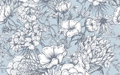blue retro texture with flowers, floral retro background, retro texture, retro ornament background, vintage ornament texture