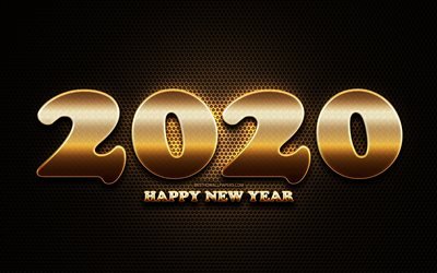 2020 golden glitter digits, dotterd metal background, Happy New Year 2020, creative, 2020 concepts, 2020 metal art, golden digits, 2020 on metal background, 2020 year digits
