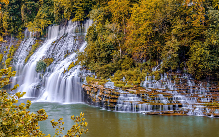 waterfall, autumn, yellow trees, autumn landscape, river, rock, autumn waterfall