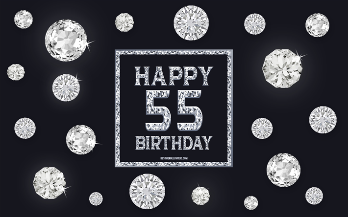 55 عيد ميلاد سعيد, الماس, خلفية رمادية, عيد ميلاد الخلفية مع الأحجار الكريمة, 55 سنة ميلاده, سعيد عيد ميلاد 55, الفنون الإبداعية, عيد ميلاد سعيد الخلفية