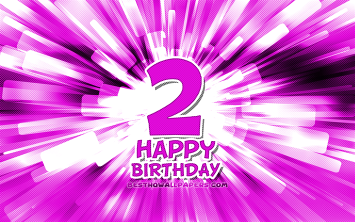 Happy 2nd birthday, 4k, purple abstract rays, Birthday Party, creative, Happy 2 Years Birthday, 2nd Birthday Party, cartoon art, Birthday concept, 2nd Birthday