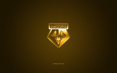 Watford FC, Clube de futebol ingl&#234;s, Premier League, ouro logotipo, amarelo fibra de carbono de fundo, futebol, Watford, Inglaterra, Watford FC logotipo