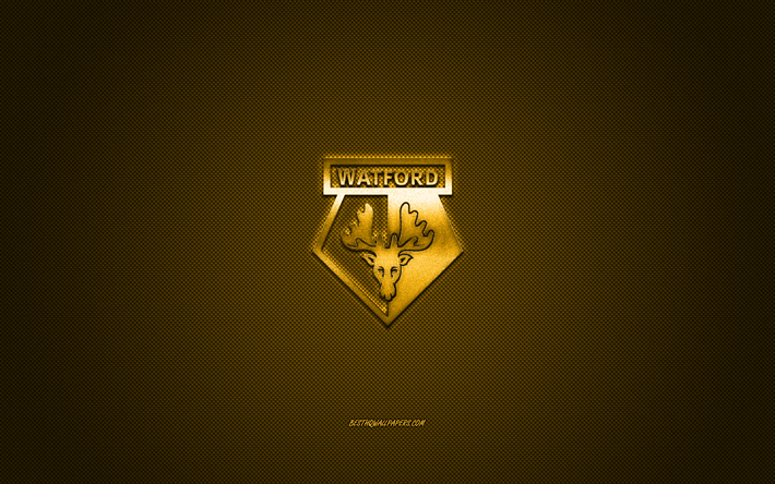 Watford FC, club di calcio inglese, la Premier League, logo oro, giallo contesto in fibra di carbonio, calcio, Watford, in Inghilterra, Watford FC logo