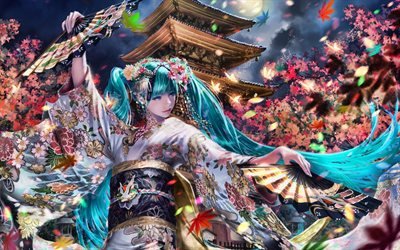 Hatsune Miku, 3D art, Vocaloid Characters, kimono, autumn, manga, Vocaloid, girl with blue hair, Miku Hatsune