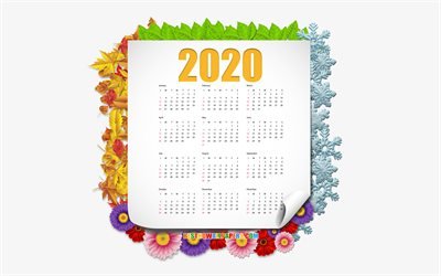 2020 Calendario, todos los meses, 4 estaciones marco de 2020, a los conceptos de Calendario para el a&#241;o 2020, el marco de los copos de nieve, el marco de las flores y las hojas, A&#241;o 2020 Calendario