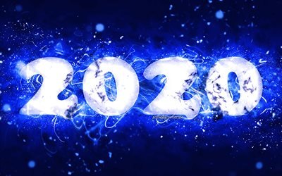 Felice Nuovo Anno 2020, 4k, blu scuro, luci al neon, arte astratta, 2020 concetti, 2020 blu scuro neon cifre, 2020 su sfondo blu scuro, 2020 neon art, creativit&#224;, 2020 le cifre dell&#39;anno