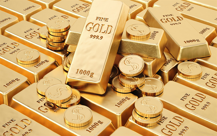 lingotti d&#39;oro, monete d&#39;oro, simbolo del dollaro, oro, concetti, finanza concetti