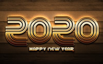 2020 golden glitter digits, creative, wooden background, Happy New Year 2020, 2020 concepts, 2020 metal art, golden digits, 2020 on wooden background, 2020 year digits