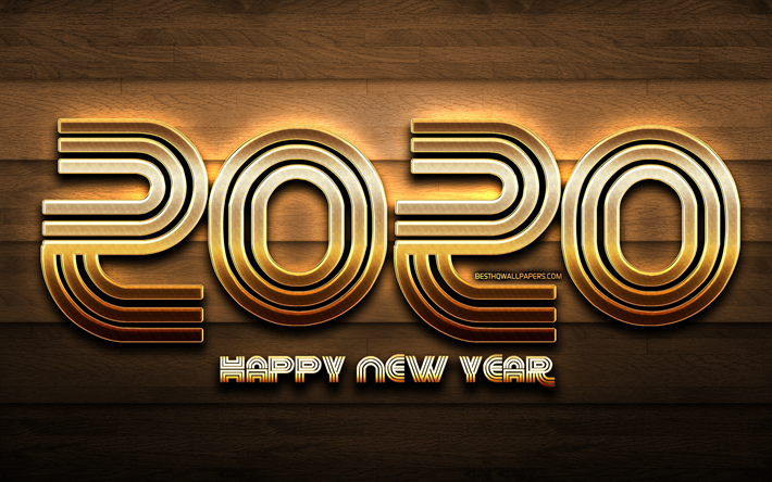 2020 golden glitter digits, creative, wooden background, Happy New Year 2020, 2020 concepts, 2020 metal art, golden digits, 2020 on wooden background, 2020 year digits