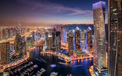 Dubai, metropoli, kaupunkikuva, kaupungin valot, moderni arkkitehtuuri, Dubain horisonttiin, pilvenpiirt&#228;ji&#228;, UAE