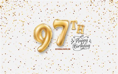 97th Happy Birthday, 3d balloons letters, Birthday background with balloons, 97 Years Birthday, Happy 97th Birthday, white background, Happy Birthday, greeting card, Happy 97 Years Birthday