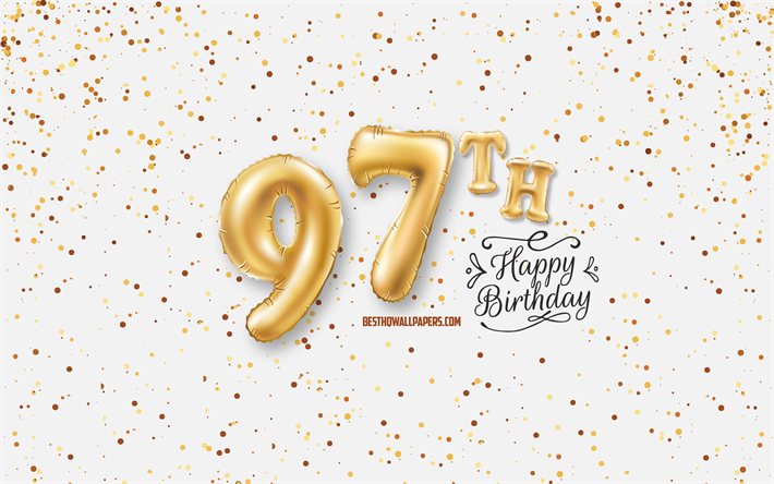 97th happy birthday, 3d-ballons, briefe, geburtstag hintergrund mit luftballons, 97 jahre geburtstag, happy 97th birthday, wei&#223;er hintergrund, gl&#252;cklich, geburtstag, gru&#223;karte, geburtstag 97 jahre