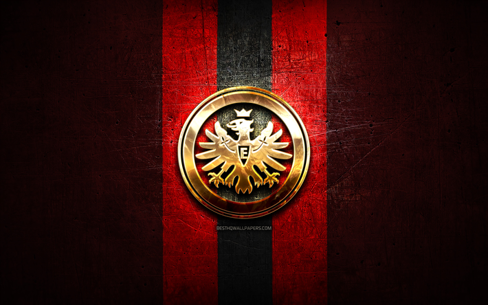 Eintracht Francoforte, golden logo, Bundesliga, red metal background, football, Eintracht Francoforte FC, italian football club, logo, soccer, Germany