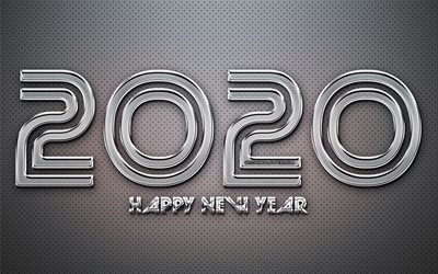 2020 chrome d&#237;gitos, 4k, criativo, metal cinza de fundo, Feliz Ano Novo 2020, 2020 conceitos, 2020 metal arte, chrome d&#237;gitos, 2020 no metal de fundo, 2020 d&#237;gitos do ano