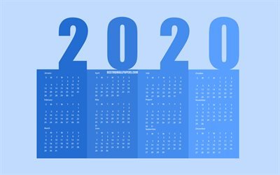 2020 Calendario, todos los meses, arte creativo, 2020 conceptos de 2020, A&#241;o Nuevo, Azul 2020 Calendario de Papel
