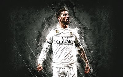 Sergio Ramos, Real Madrid, İspanyol futbolcu, defans, Real Madrid kaptanı, portre, UEFA, futbol, gri taş arka plan