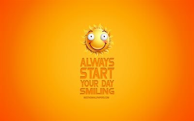 Always start your day smiling, motivation, inspiration, creative 3d art, smile icon, yellow background, mood concepts