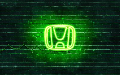 Logotipo verde da Honda, 4k, parede de tijolos verde, logotipo da Honda, marcas de carros, logotipo de n&#233;on da Honda, Honda