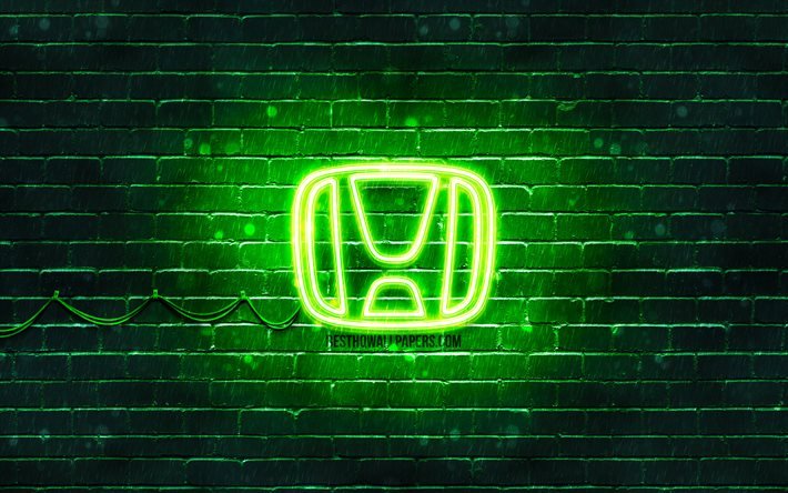 Logotipo verde de Honda, 4k, pared de ladrillo verde, logotipo de Honda, marcas de autom&#243;viles, logotipo de ne&#243;n de Honda, Honda