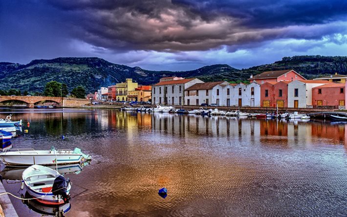 Stintino, lahti, ilta, auringonlasku, kaunis kaupunki, Sardinia, Italia